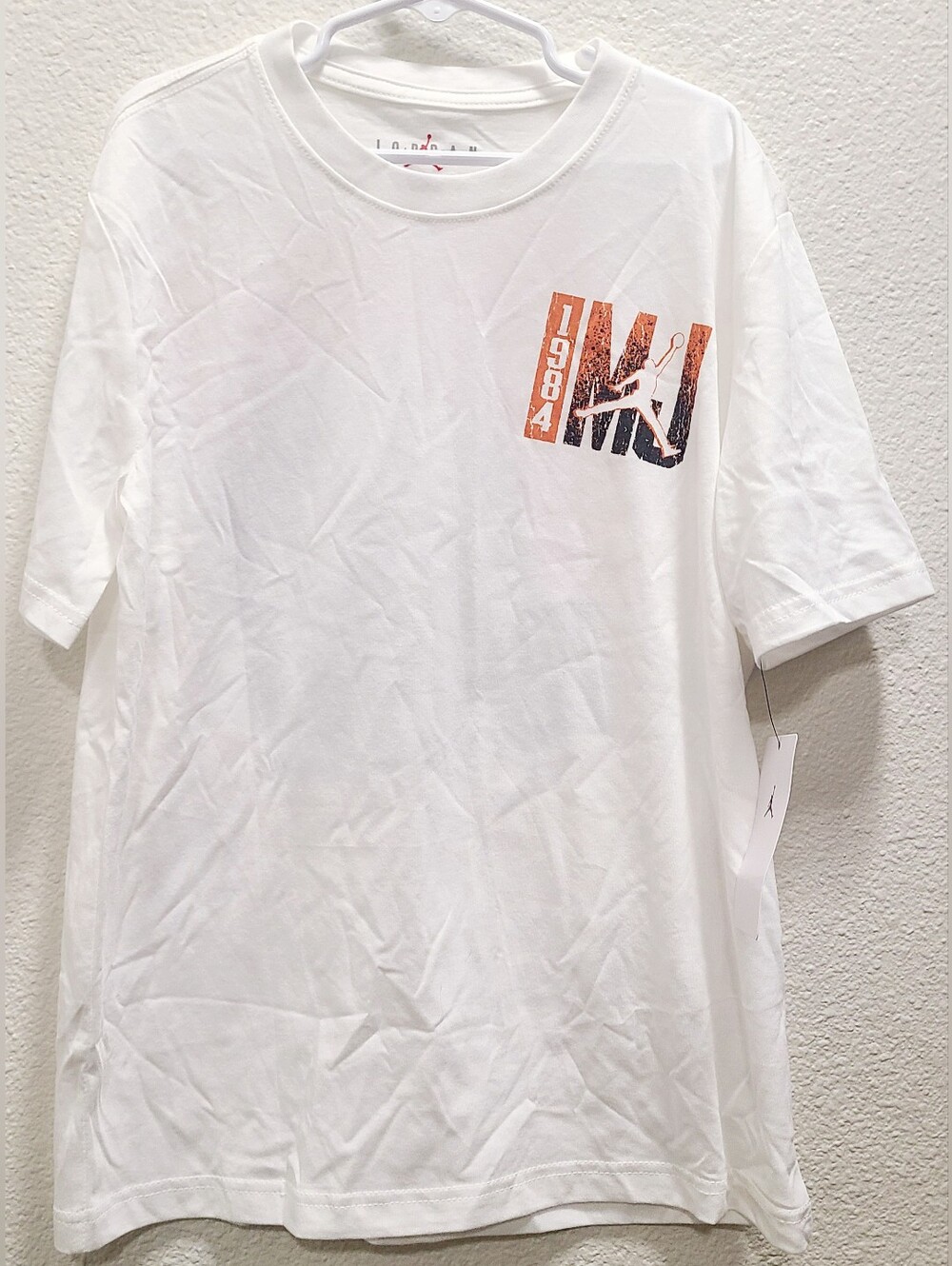 Jordan White Short-Sleeve Tee with Orange & Black 1984 Graphic
